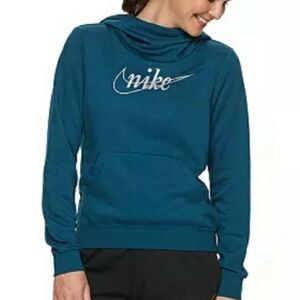 Nike Swish Logo Funnel Neck Hoodie Sweatshirt Sz Small Teal Blue Glitter
